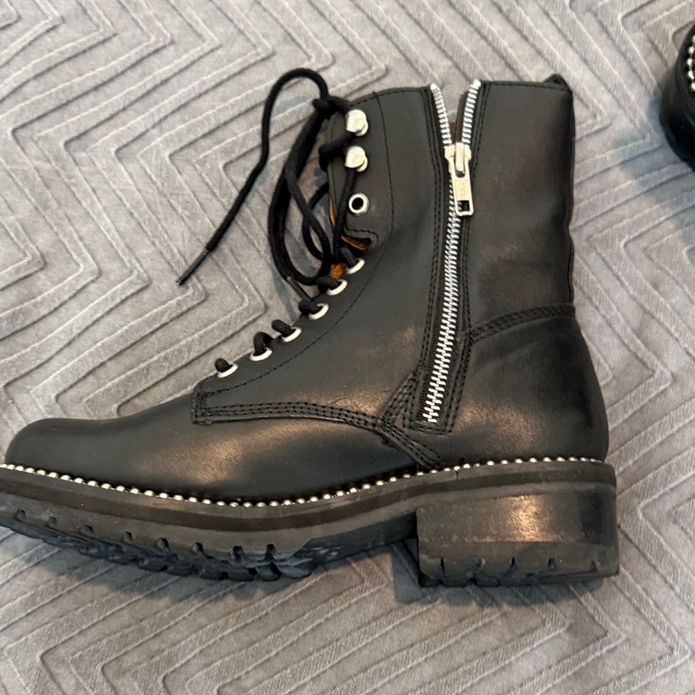 Aqua Black Leather Lace-Up Combat Boots - Picture 5 of 13